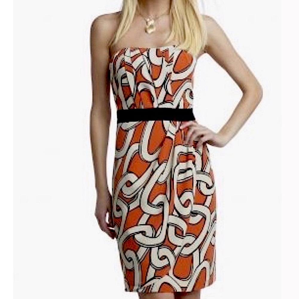 THE LIMITED ORANGE CHAIN PRINT STRAPLESS DRESS